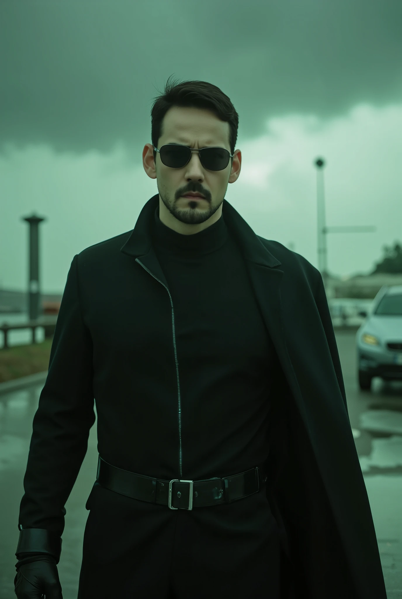 a young man, about 30 years old, wearing a The Matrix costume, overcoast, dark glasses, handsome man, in a storm, looking FRONTwards, bokeh top cinematic lighting, Green filter. Hyperrealistic, detailed, intricate, 4K, skin Textures, glowing.