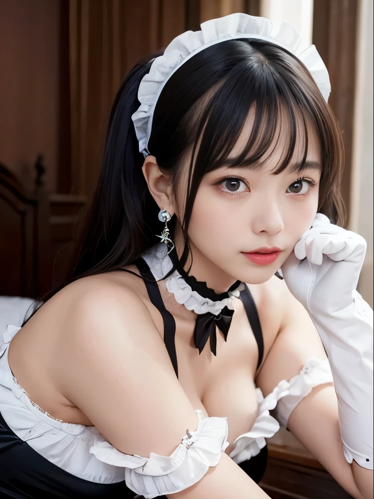 Wearing the cutest gothic maid in the world,Z Cup Big,Sculpture model attracts, (1girl in:1.3)、photos realistic、Photorealsitic:1.4 Official art、ultra-detailliert、Beautiful and aesthetic、Beautiful fece、​masterpiece、top-quality、Lying on all fours on the bed、Legs spread wide、Colossal tits、Chest exposed、(barechested)、The cutest maid choker in the world、The cutest gloves in the world、Beautiful skin、The cutest earrings in the world、A wistful look、Looks distressed、Mouth half open、The cutest gravure idol pose in the world、The most attractive body in the world、The whole body is shown、old western house bedroom