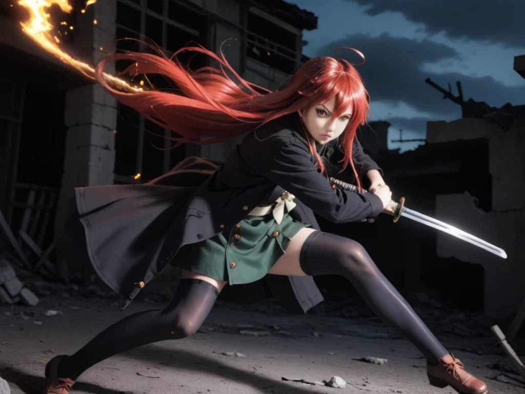 1 girl, cowboy shot, rubble ruins,a little anger, (battle preparation:1.2), open your mouth, (night:1.2), explosive inflammation,shana, red eyes, redhead, very long hair, hair between eyes, (Ahoge:1.1), explosive flame,abandoned building,rubble serafuku, green skirt, Thighhighs,long Japanese sword wrapped in flames..,highest quality, masterpiece, High resolution, black long coat,
shana, red eyes, red hair, very long hair, hair between eyes, ahoge),  score_9, score_8_up, score_7_up, source_anime, Swing a japannse sword with both hands ,(photo realistic:1.4),(realistic skin:1.4),photo realistic,Holding a Japanese sword with both hands,Battoujutsu,Put your hand on the pattern of a
 Japanese sword,A giant Japanese sword with a black handle,Sparks dance in the dark,Burning Sky , a long Japanese sword with black handle,(holding (katana sword:1.2)), (blade shimmering), Late Night,Japanese sword without scabbard,Point the blade upwards,Turn the tip of the cut to your back