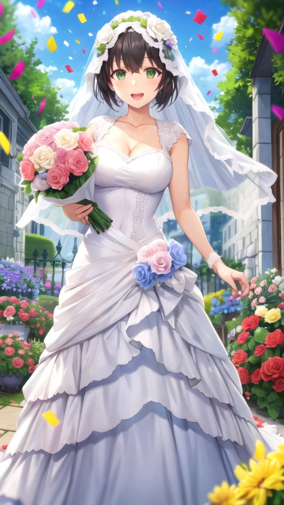 masterpiece, best quality, girl, solo, looking at viewer, natsuo_fujii, black hair, green eyes, large breasts, wedding Dress, standing, garden, confetti, holding bouquet, smile, open mouth 