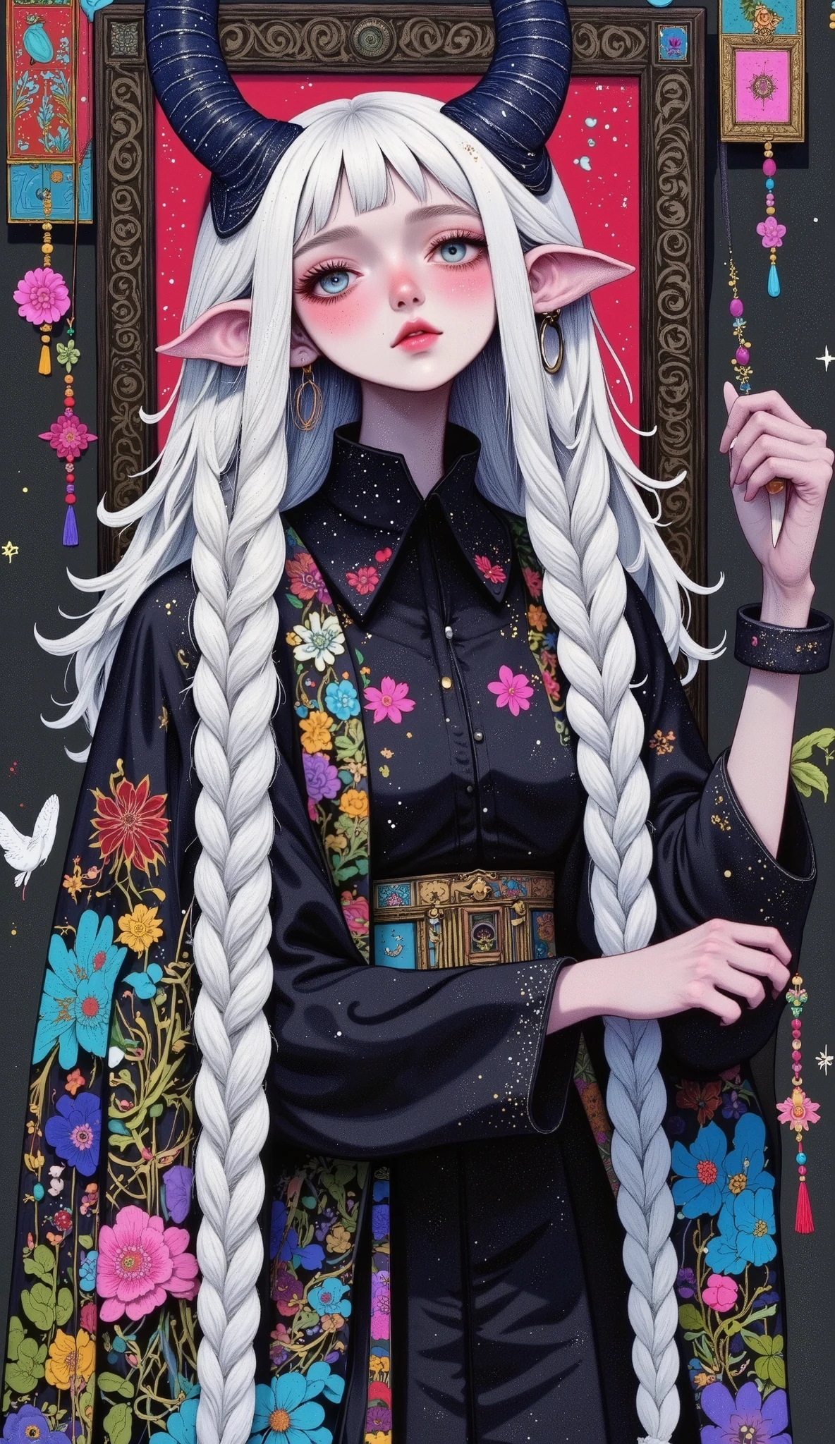 , a woman in a kimono is standing with a white stole,   portrait of Sadako de El Aro  ,   handsome Japanese demon boy  , white hime cut hairstyle  ,   the penetrating gaze of a Yuki-Onna  , Black Hime Haircut,  with long white hair , Japanese Gothic, The haircut of hime , Sui Ishida with black hair, loose hair and long robes , Japanese goddess