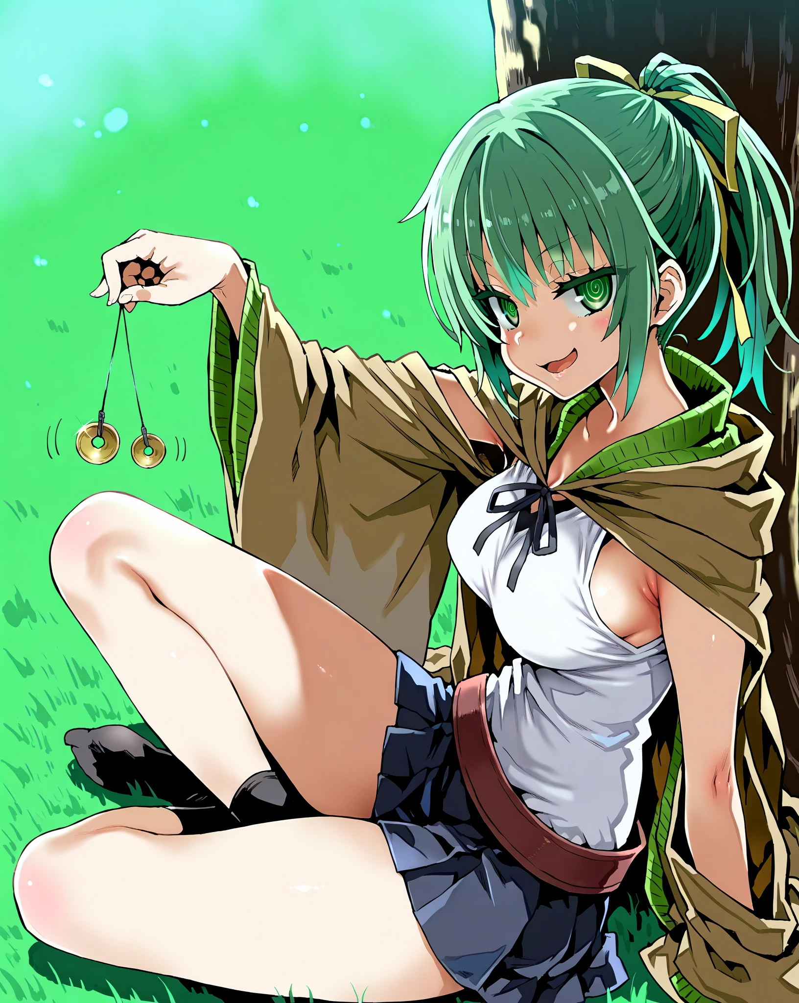 score_9, score_8_up, score_7_up, 1girl,solo, style asanagi, seduce,seductive, beautiful smile, smirk, breasts, medium breasts, under a tree, she is holding a pendulum in one hand \(hypnotist holding a pendulum\), ((holding pendulum)), holding string, perfect hands, one hand up,, bare hands, tank top, short skirt, side view, turning side, armpit focus, open mouth, smirk, looking at viewer, sitting on grass, sitting (indian style), one leg up, masterpiece, high quality, absurd resolution, beautiful hands, ringed eyes, wynn the wind charmer, eyes visible through hair, green eyes, green hair, ponytail, ribbon, hair ribbon, brown cape, cape