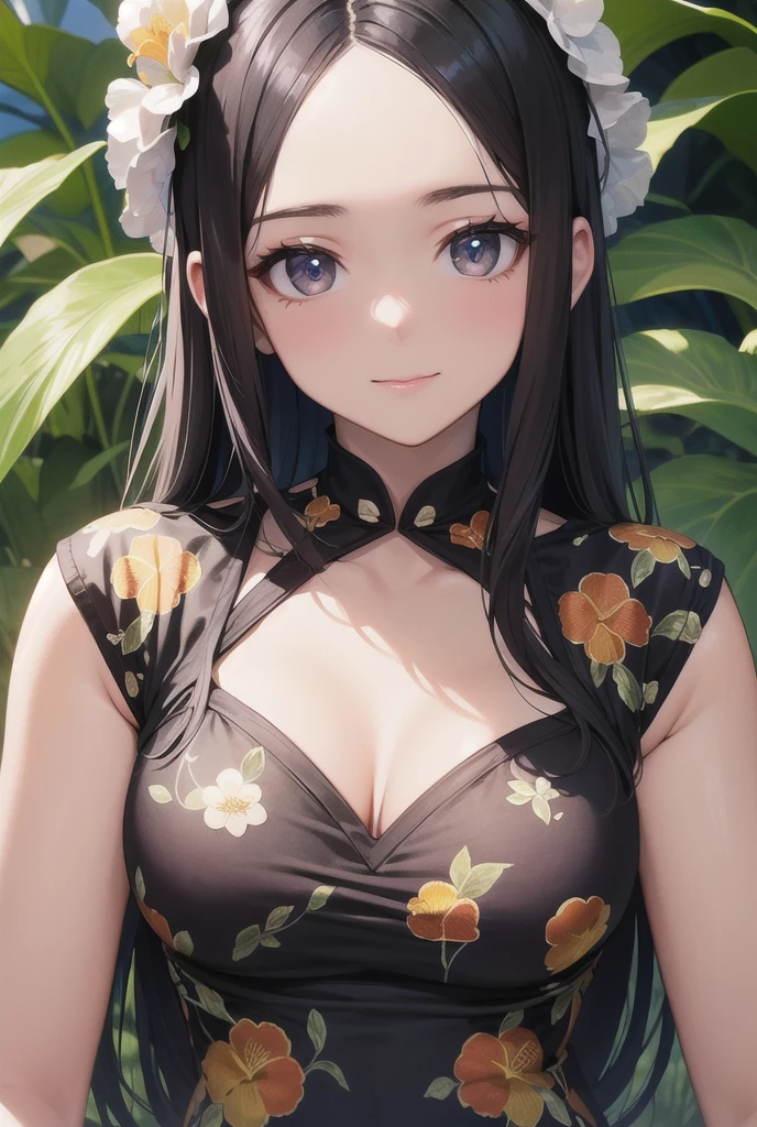 A black woman in a lush tropical garden,  wearing a floral print dress , with a close up capturing the harmonious beauty between your radiant skin and natural flowers,  showing her natural charm and outgoing personality .