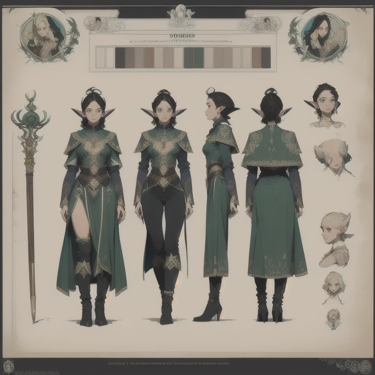 ( character sheet),Alone,  a teenager  ,  black hair with highlights , wearing pants ,Art Line , Dark green cover , character sheet detailed,3 different angles,    Highly detailed body parts, elf ears, Fine body, but stronger, wizard's staff 