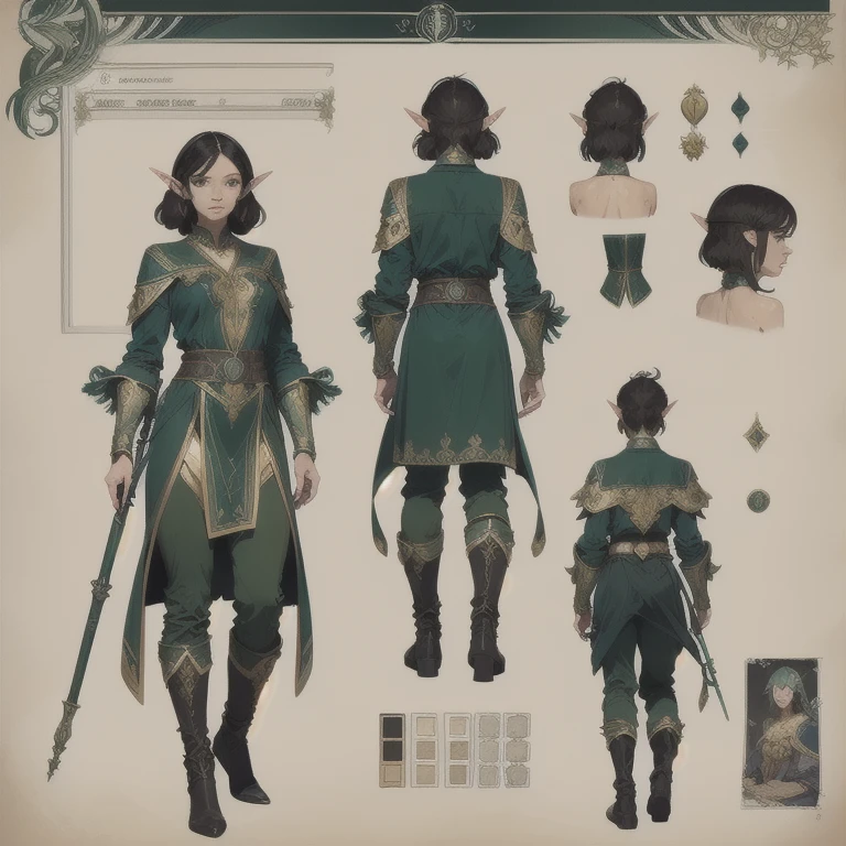 ( character sheet),Alone,  a teenager  ,  black hair with highlights , wearing pants ,Art Line , Dark green cover , character sheet detailed,3 different angles,    Highly detailed body parts, elf ears, Fine body, but stronger, wizard's staff 