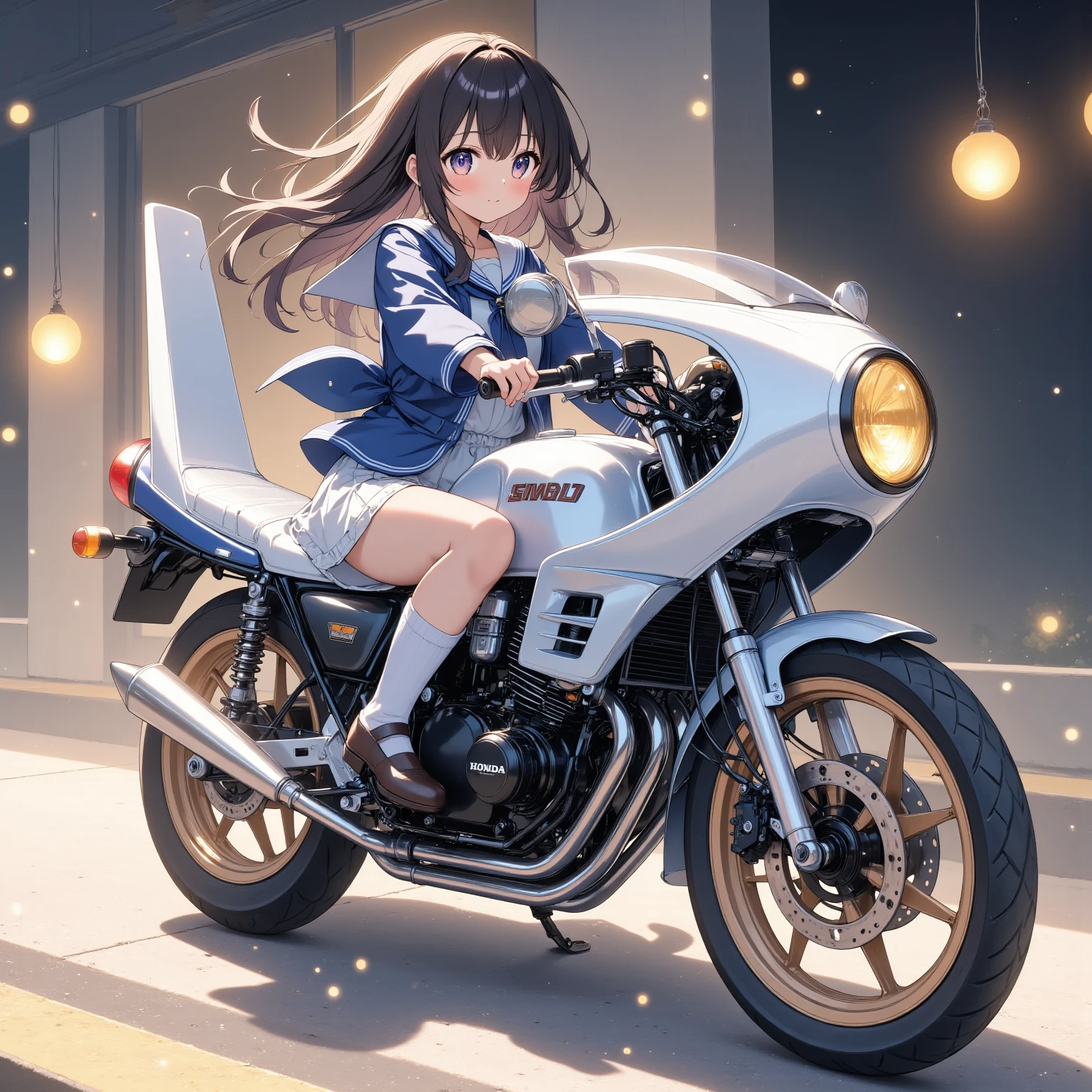 ONE HIGH SCHOOL GIRL RIDING A MOTORCYCLE 　+ CAFE RACER TUNED HONDA CBX400F　+ glossy brown skin + sailor suit　+ loose socks　+ rocket cowl 　、 top quality,  