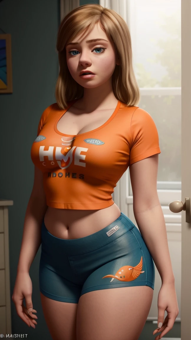 women, ((masterpiece, Best Quality)), full body view, bursting very giant breasts, slim, very fat legs, Wide hips, detailed skin, Riley Andersen  as a hooters girl, mermaids white and orange tight clothing, Bermuda, fitted crop top,  Very detailed, cinematic lighting, ultra realistic, blush, looking at the viewer, Riley Andersen from the movie Inside Out 