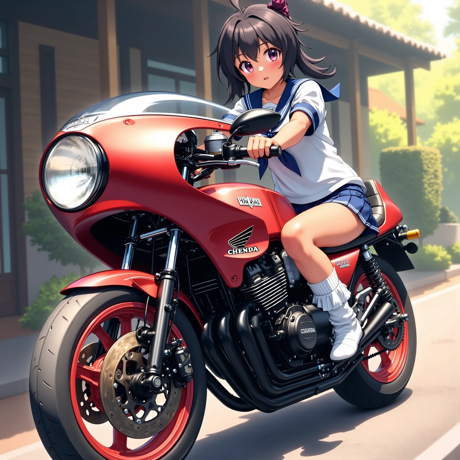 ONE HIGH SCHOOL GIRL RIDING A MOTORCYCLE 　+ CAFE RACER TUNED HONDA CBX400F　+ glossy brown skin + sailor suit　+ loose socks　+ rocket cowl 　、 top quality,  