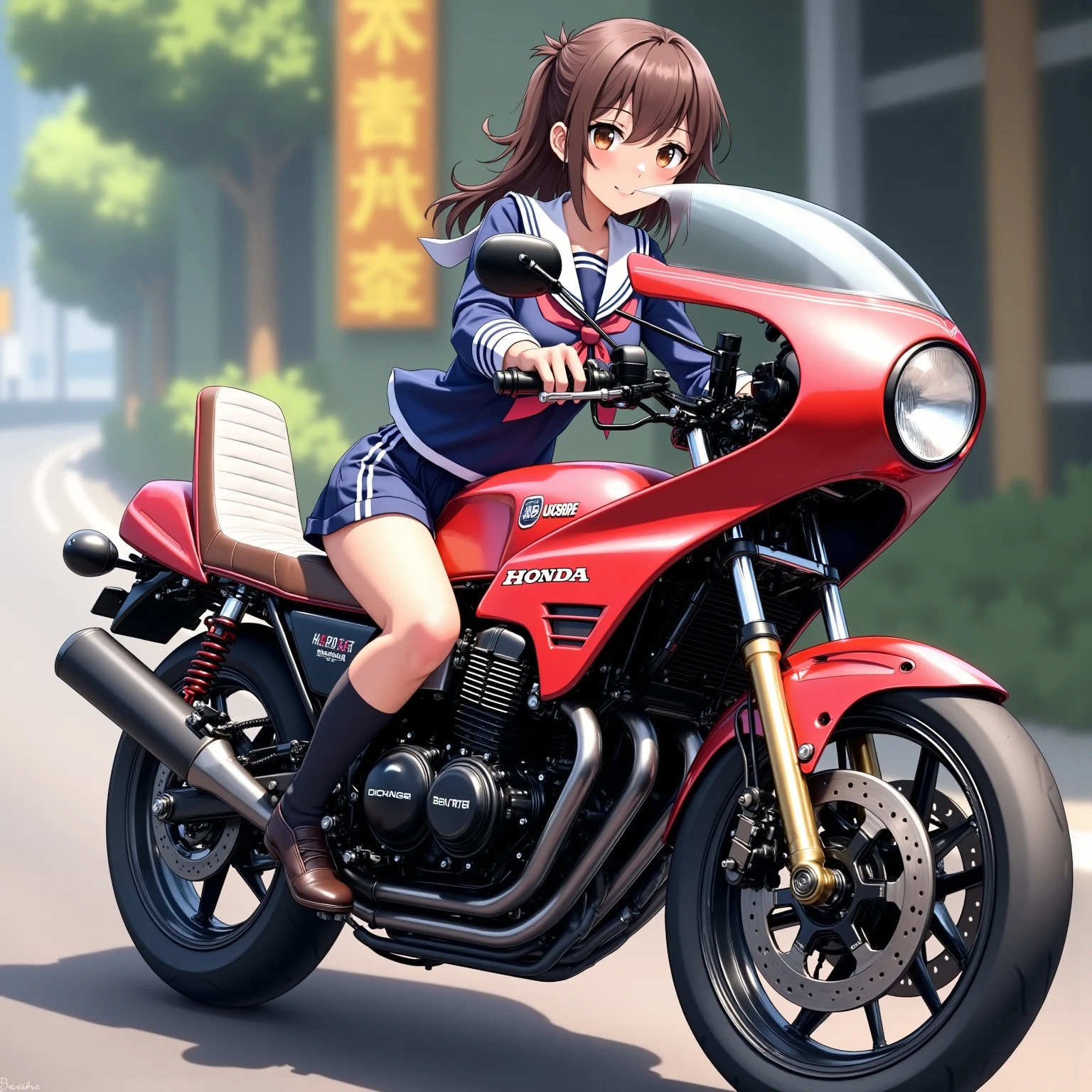 ONE HIGH SCHOOL GIRL RIDING A MOTORCYCLE 　+ CAFE RACER TUNED HONDA CBX400F　+ glossy brown skin + sailor suit　+ loose socks　+ rocket cowl 　、 top quality,  