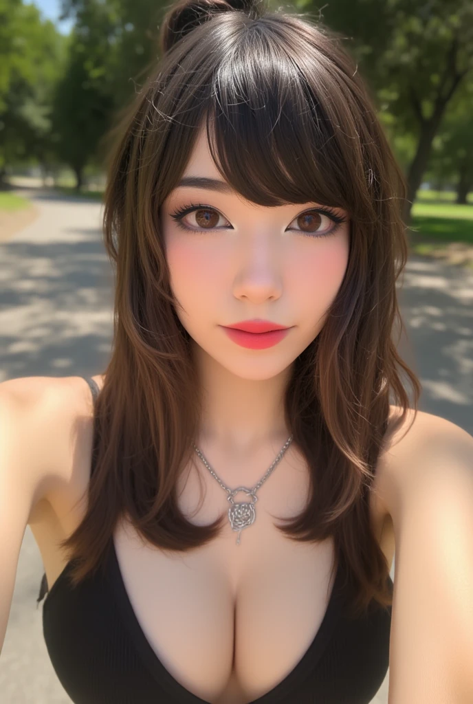  A girl wearing a tiny black bikini ,  hair tied in a ponytail , posing for a picture at a Park in the shade, sunny, casting darkness, vivid,  intricate details , 1 girl,  beautiful detailed eyes ,   beautiful detailed lips ,  extremely detailed face,  long eyelashes , Naturaleza, Park, sunny, darkness, photorealistic , 8K,  ultra-realistic ,  high quality,  masterpiece,  studio lighting ,   physical representation  ,   detailed description ,  vibrant colors,  beautiful landscape 