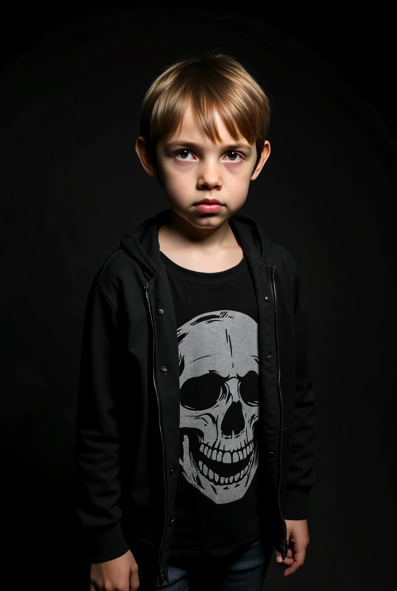 Take me a picture of a 1 boy with a black jacket on his chest, the comic skull in Black Background 