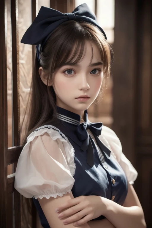 1 girl, masterpiece, top quality , 8k, detailed skin texture , detailed cloth texture, beautiful detailed faces in dark bars, more info, ultra detail, Alice in Wonderland , (A ribbon on her head:1.1), upper body