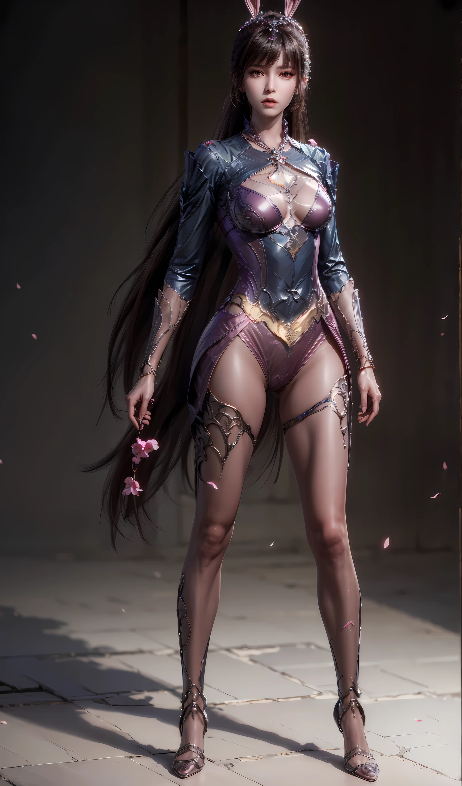 (1girl:1.3), Solo, __body-parts__, Official Art, Unity 8k Wallpaper, Ultra Detailed, Beautiful and Aesthetic, Masterpiece, Best Quality, RAW, Super Fine Photo, Best Quality, Ultra High Resolution, Photorealistic Photorealism, Sunlight, DLDLxiaowu, AgainXiaowu, Full Body Portrait, Amazing Beauty, Delicate Face, Vibrant Eyes, (From the Front), Detailed Face, Gorgeous, Highly Detailed Skin, Realistic Skin Details, Visible Pores, Sharp Focus, Volume Fog, 8K uhd, DSLR, high quality, film grain, fair skin, photo realism, brunette hair, brunette hair, breasts, open eyes, split sleeves, skinny, transparent, pink, dress, transparent panties, pink, twisted braid, long braid, jewelry, gold accessories, gorgeous accessories, complex, delicate lips, long hair, medium breasts, outdoor, closed lips, petals, peach blossoms, rabbit ears, pink rabbit ears, (((natural pose))), dynamic pose, upper body