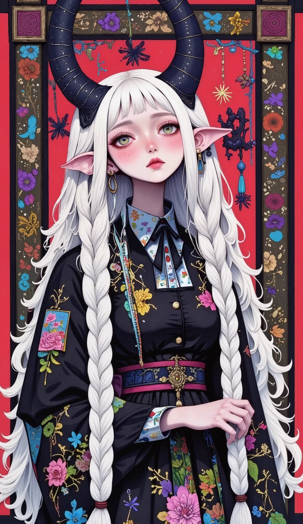 , a woman in a kimono is standing with a white stole,   portrait of Sadako de El Aro  ,   handsome Japanese demon boy  , white hime cut hairstyle  ,   the penetrating gaze of a Yuki-Onna  , Black Hime Haircut,  with long white hair , Japanese Gothic, The haircut of hime , Sui Ishida with black hair, loose hair and long robes , Japanese goddess