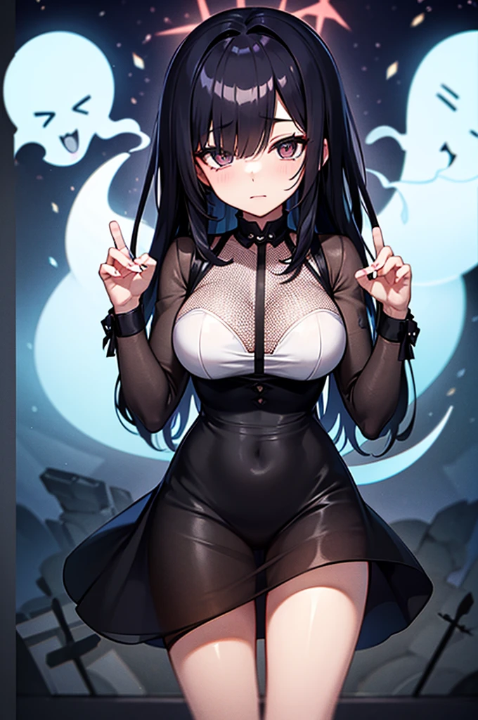 high quality, super detailed, 最high quality, Extremely detailed, beautiful, masterpiece, 1 girl, alone, figure, night forest, particle light, cowboy shot, looking at the viewer, red eyes, long hair, bangs, black hair, witch, witch hat, bodycon dress, cat tail, big breasts, cleavage, thighs, closed mouth, smile, blush
