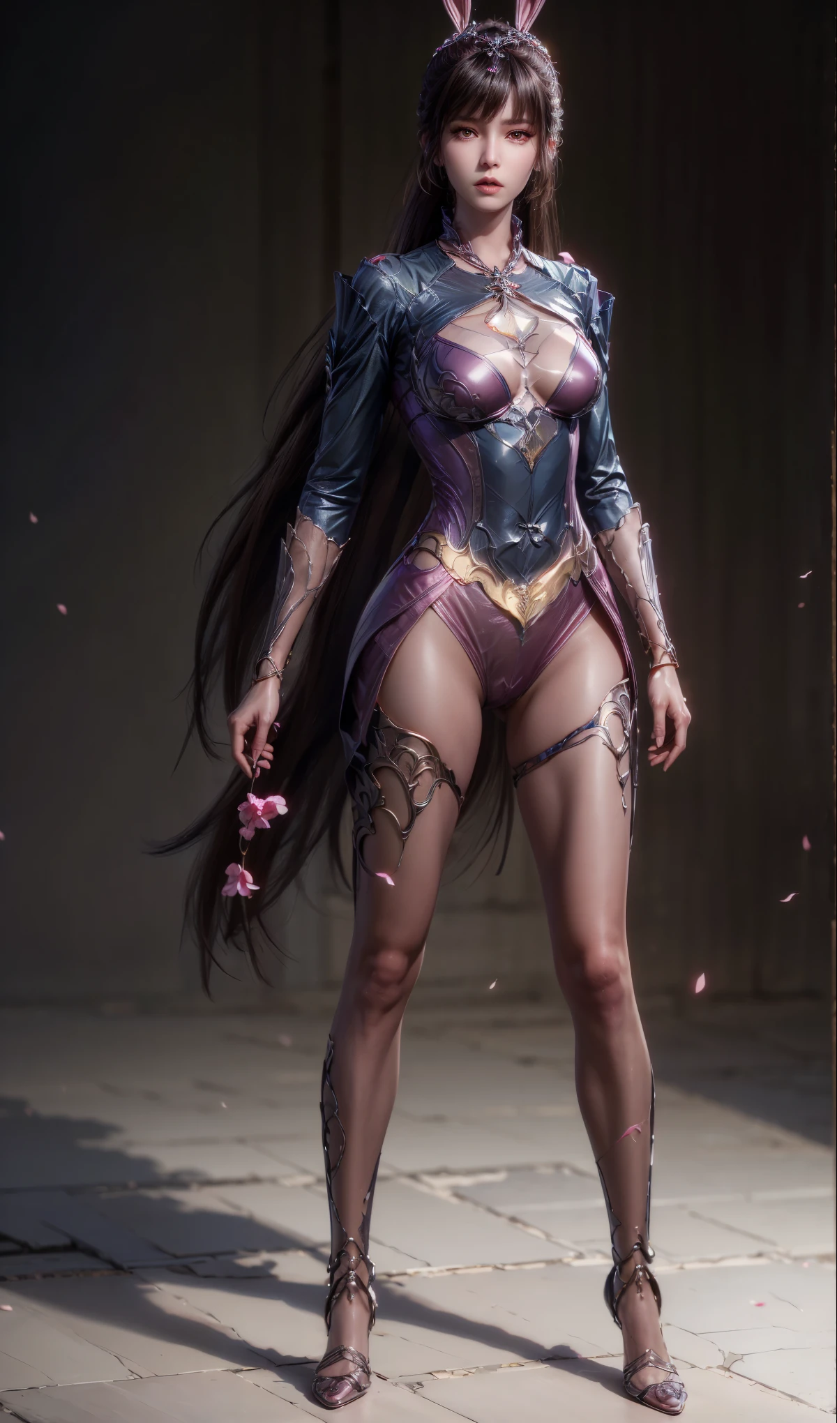 (1girl:1.3), Solo, __body-parts__, Official Art, Unity 8k Wallpaper, Ultra Detailed, Beautiful and Aesthetic, Masterpiece, Best Quality, RAW, Super Fine Photo, Best Quality, Ultra High Resolution, Photorealistic Photorealism, Sunlight, DLDLxiaowu, AgainXiaowu, Full Body Portrait, Amazing Beauty, Delicate Face, Vibrant Eyes, (From the Front), Detailed Face, Gorgeous, Highly Detailed Skin, Realistic Skin Details, Visible Pores, Sharp Focus, Volume Fog, 8K uhd, DSLR, high quality, film grain, fair skin, photo realism, brunette hair, brunette hair, breasts, open eyes, split sleeves, skinny, transparent, pink, dress, transparent panties, pink, twisted braid, long braid, jewelry, gold accessories, gorgeous accessories, complex, delicate lips, long hair, medium breasts, outdoor, closed lips, petals, peach blossoms, rabbit ears, pink rabbit ears, (((natural pose))), dynamic pose, upper body