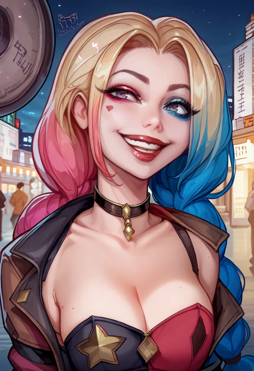 score_9, score_8_up, score_7_up, masterpiece, very high quality, high res, up close, portrait, warm lights, at night, city streets background,
solo, 1girl, sexy girl, jinx_(league_of_legends), Harley Quinn(DC), league_of_legends, 1girl, blonde_hair, pink_eyes, dual braids, extra long braids, perfect face, perfect eyes, (horny:1.5), cleavage, 
large breasts, busty, hourglass figure, crazy, smiling, half-closed eyes, cute, Expressiveh, 
 4RCH0N,  g0thicpxl,  