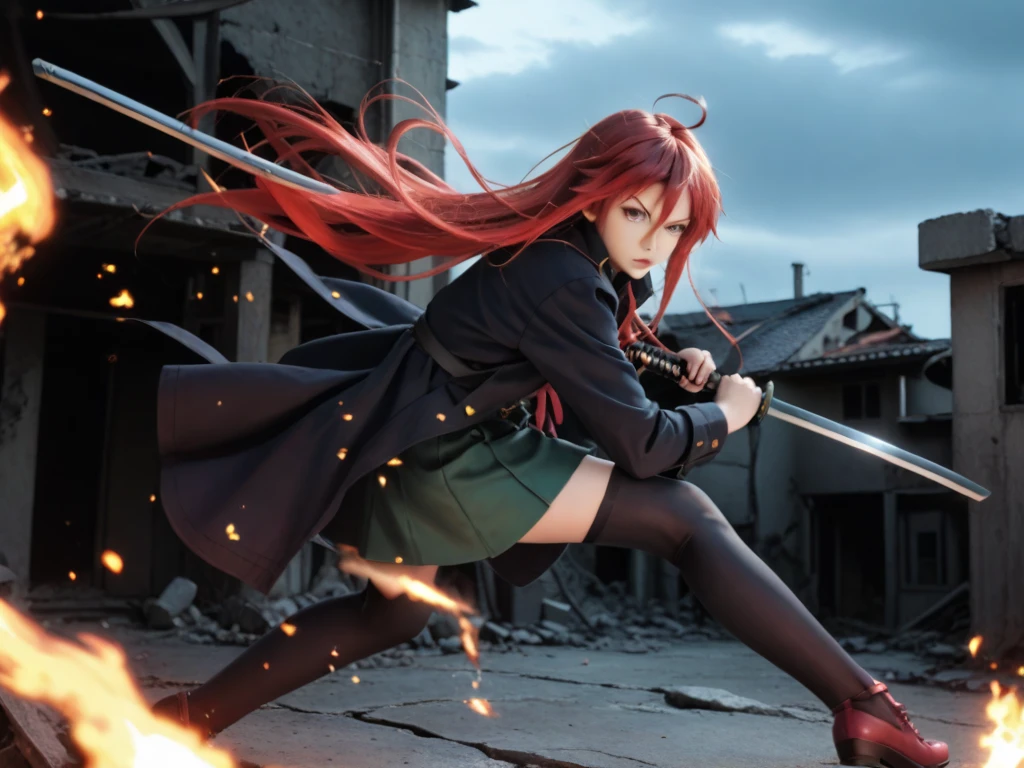 1 girl, cowboy shot, rubble ruins,a little anger, (battle preparation:1.2), open your mouth, (night:1.2), explosive inflammation,shana, red eyes, redhead, very long hair, hair between eyes, (Ahoge:1.1), explosive flame,abandoned building,rubble serafuku, green skirt, Thighhighs,long Japanese sword wrapped in flames..,highest quality, masterpiece, High resolution, black long coat,
shana, red eyes, red hair, very long hair, hair between eyes, ahoge),  score_9, score_8_up, score_7_up, source_anime, Swing a japannse sword with both hands ,(photo realistic:1.4),(realistic skin:1.4),photo realistic,Holding a Japanese sword with both hands,Battoujutsu,Put your hand on the pattern of a
 Japanese sword,A giant Japanese sword with a black handle,Sparks dance in the dark,Burning Sky , a long Japanese sword with black handle,(holding (katana sword:1.2)), (blade shimmering), Late Night,Japanese sword without scabbard,Point the blade upwards,Turn the tip of the cut to your back