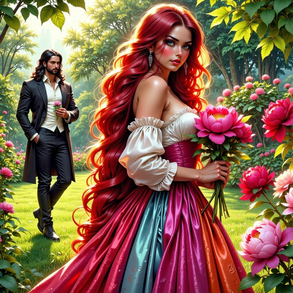 ( ultra-realism , ink art, Colorful calligraphy graphics, Ultimate Quality, Crystal clear expression, Dramatic production, crazy cute, Simple Art, gunner:1.37),full-waist Full-body digital realistic illustration .  A beautiful 18-year-old flirting woman in a contrasting bright colorful organza and satin satin dress with SHINY STRAIGHT red hair is standing on the grass, holding flowers in her hands .  A handsome massive BRUTAL SEXY man with long black hair looks at her, in a white shirt ,pants and boots , he holds flowers in his hand.  Victorian garden with peonies , england pemberly-manor-palace .  Sunlight illuminates every blade of grass ,leaf, flower. BRIGHT,textural, three-dimensional , bright rich complementary colors .  flowing hair .textural.  correct anatomy proportions .right hands .  Model beautiful faces . The overall color palette is creating a vivid and haunting visual experience. The illustration is rich in detail, with textures that mimic real fabric and stone, enhancing the realism of the scene.
