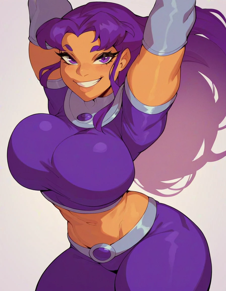 BlackFire(Teen Titans), 1girl, solo, long hair,purple eyes, purple hair, bodysuit, (huge juicy breasts:1.2),  simple background,, looking at viewer, cowboy shot,evil smile, Whole body,