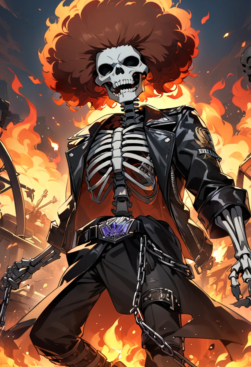 a skeleton, a fiery afro hair, a black leather jacket, a championship belt around the waist, chains on the leg, 8k high definition