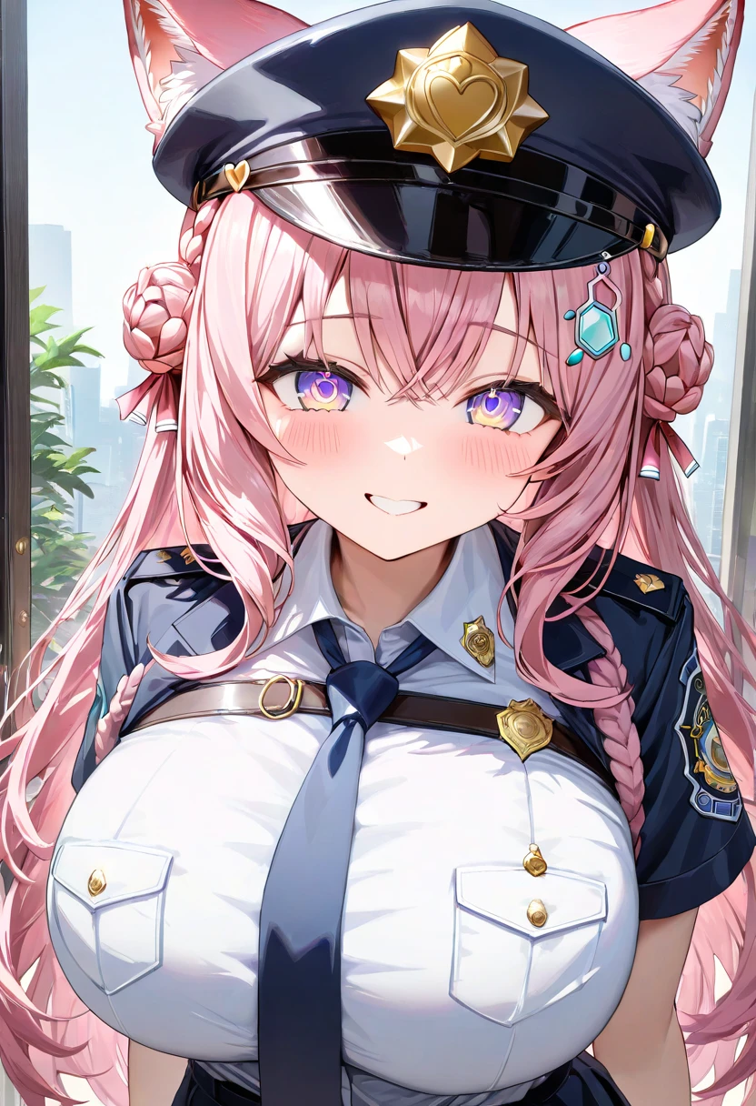 ((masterpiece、Highest quality、Super detailed)、((One person))、((Pink Hair))、((Twin tails))、((Light blue eyes))、evil smile、((lots of piercings))、((Very large breasts))、police hat、((Blue collared shirt))、Short sleeve、tie、Armband、((black micro mini pencil skirt))、Cowboy Shot、((night))、Alley Background