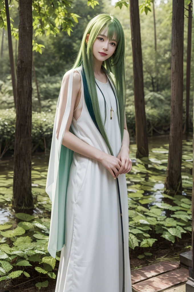 masterpiece,  top quality, Enkidu, White,  upper body,  gentle smile , standing,  Watch Viewers , forest ,one piece of cloth, green hair 