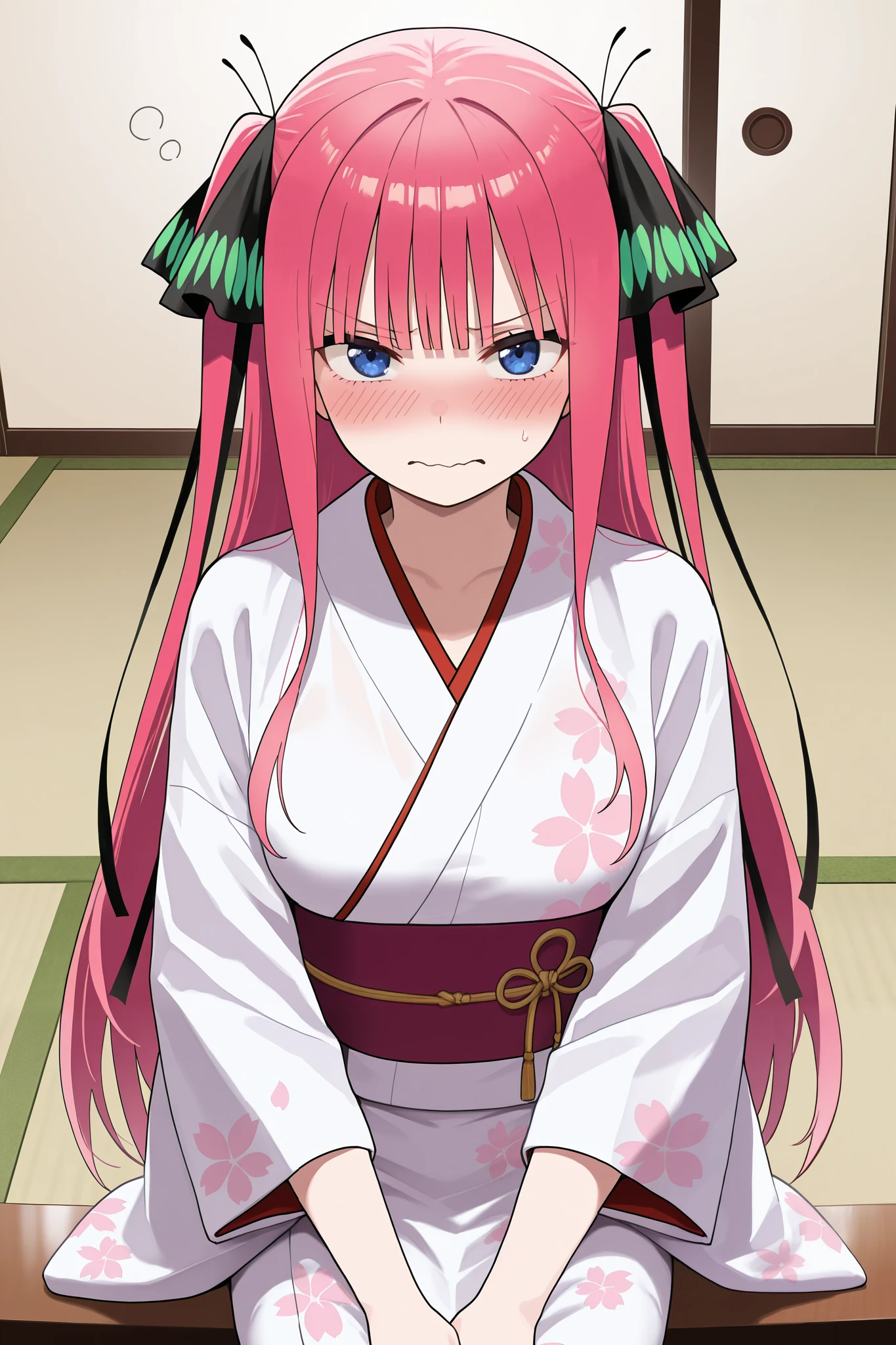 NSFW,masterpiece, top quality, high definition, very detailed, Nino Nakano、 long hair、bangs、 blue eyes、 hair ornament、 hair bow、 pink hair、鈍いbangs、 two side up、蝶の hair ornament, kimono,Small yukata,hostel,Japanese-style room,tatami,Embarrassed,blush, lustful face,Frustrated face, love juice is dripping, uncovered clothes, my heart is being rubbed