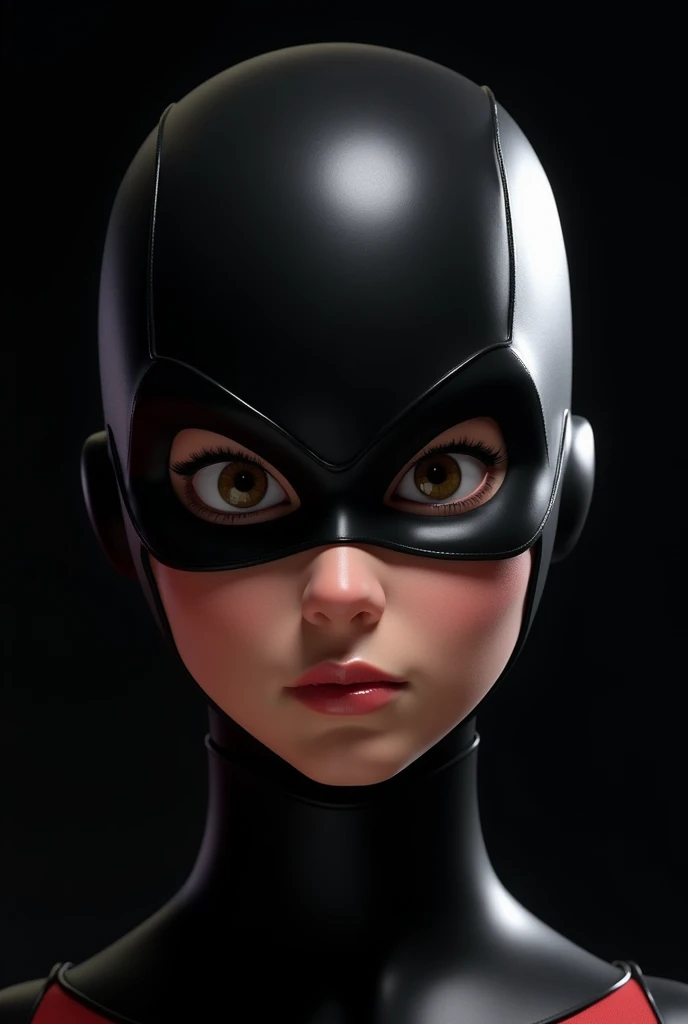 Helen Parr, Mind Control, Working for Evil, brown hair, Her eyes glow pink, A black mask covering the eyes, deadpan, BREAK bare shoulders, Black latex leotard, Clothes Cutout, domino mask, heart cutout, knee pad, Leotard, Mask, shoulder cut out, thick thighs, thighs thighs thighs thighs, Wrestling Mask, wrestling outfit,BREAK (masutepiece:1.2), Best Quality, High resolution, (Illustration:0.8), (Beautiful detailed eyes:1.6), extra detailed face, Perfect Lighting, extremely details CG, (Perfect hands, Perfect Anatomy),