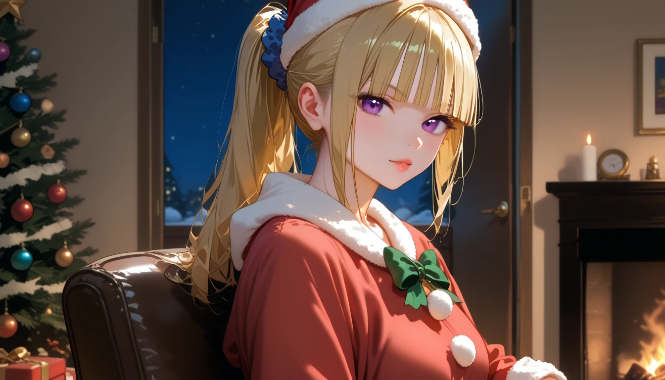 score_9,score_8_up,score_7_up, solo, shiny skin, 1girl, KeiKaruizawa, Kei Karuizawa, bangs, blunt bangs, ponytail, detailed eyes, violet eyes, blonde hair, blue scrunchie, long shot, christmas, santa clause outfit, santa hat, christmas vibe, christmas tree, in door, living room, bonfire, night, sit on chair, looking at viewers