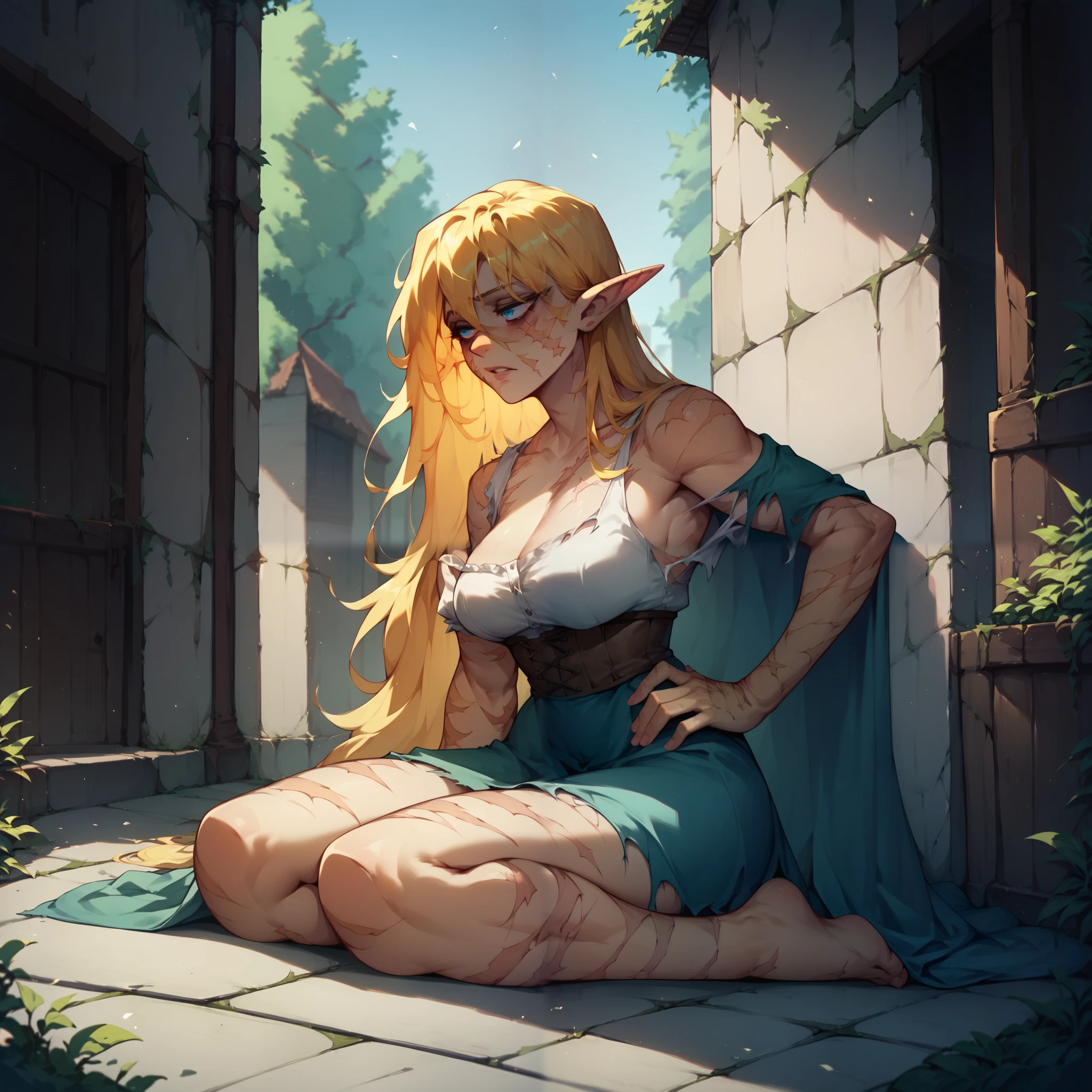 a elf with golden hair and blue eyes. she is sitting next to a wall in a medieval alleyway at night. she looks depressed in tattered and torn clothes. she has huge bags under her eyes. she has scars on her body.