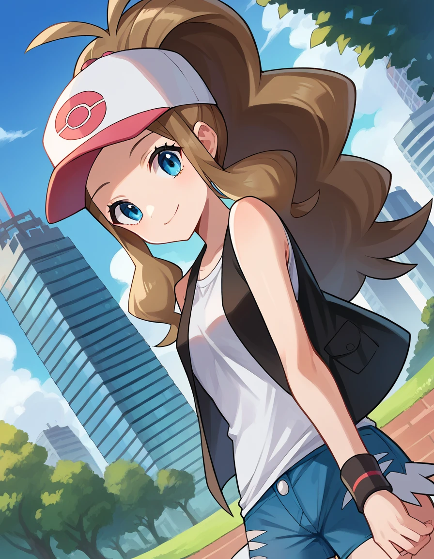 score_9, score_8_up, score_7_up, source_anime, pokemonhilda, pokemonhilda, blue eyes, blonde hair, long hair, ponytail, smile, baseball cap, blue shorts, denim, hat, shorts, vest, wristband, sleeveless, black vest, white shirt, shirt, outdoors, cityscape, looking at viewer, dutch angle, cowboy shot,