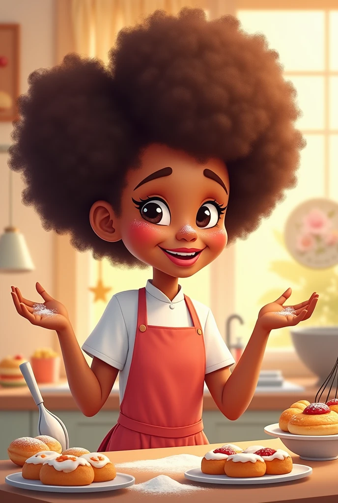 A teenage brown girl with curly hair cook in a kitchen apron and a chef's hat holding a chocolate cake