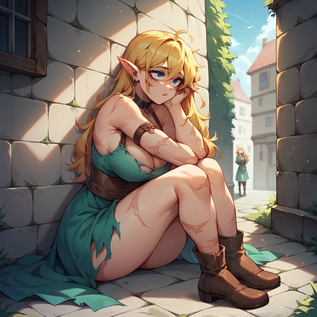 a elf with golden hair and blue eyes. she is sitting next to a wall in a medieval alleyway at night. she looks depressed in tattered and torn clothes. she has huge bags under her eyes. she has scars on her body.\