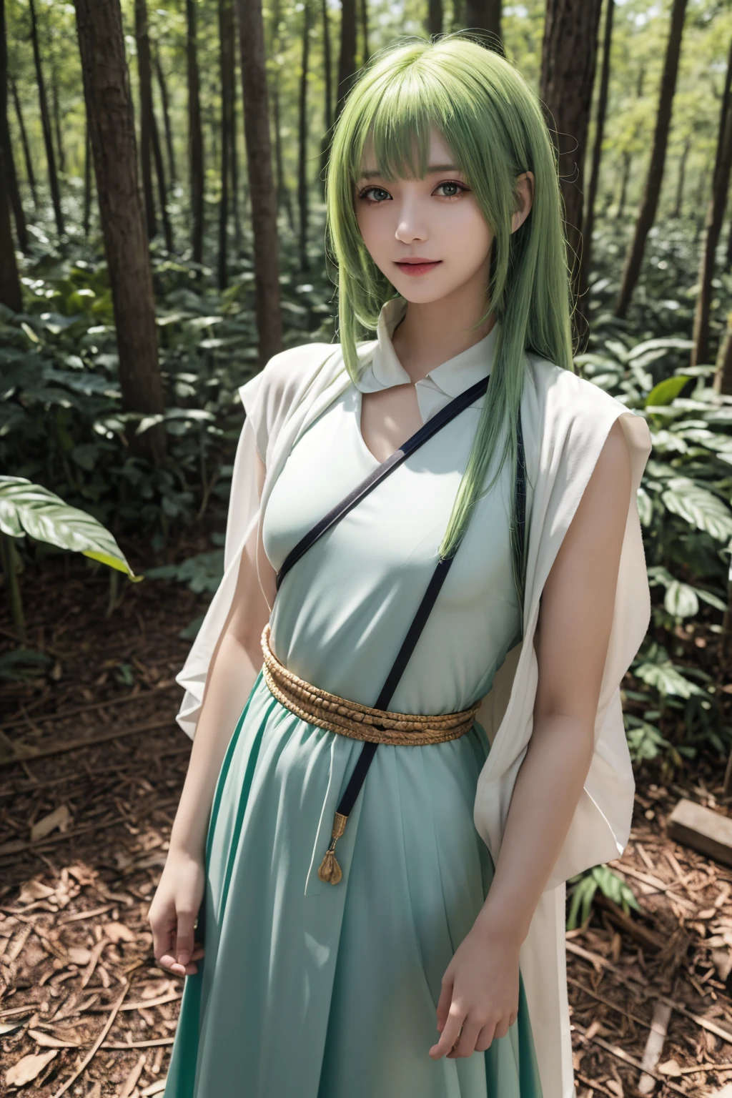 masterpiece,  top quality, Enkidu, White,  upper body,  gentle smile , standing,  Watch Viewers , forest ,one piece of cloth, green hair 