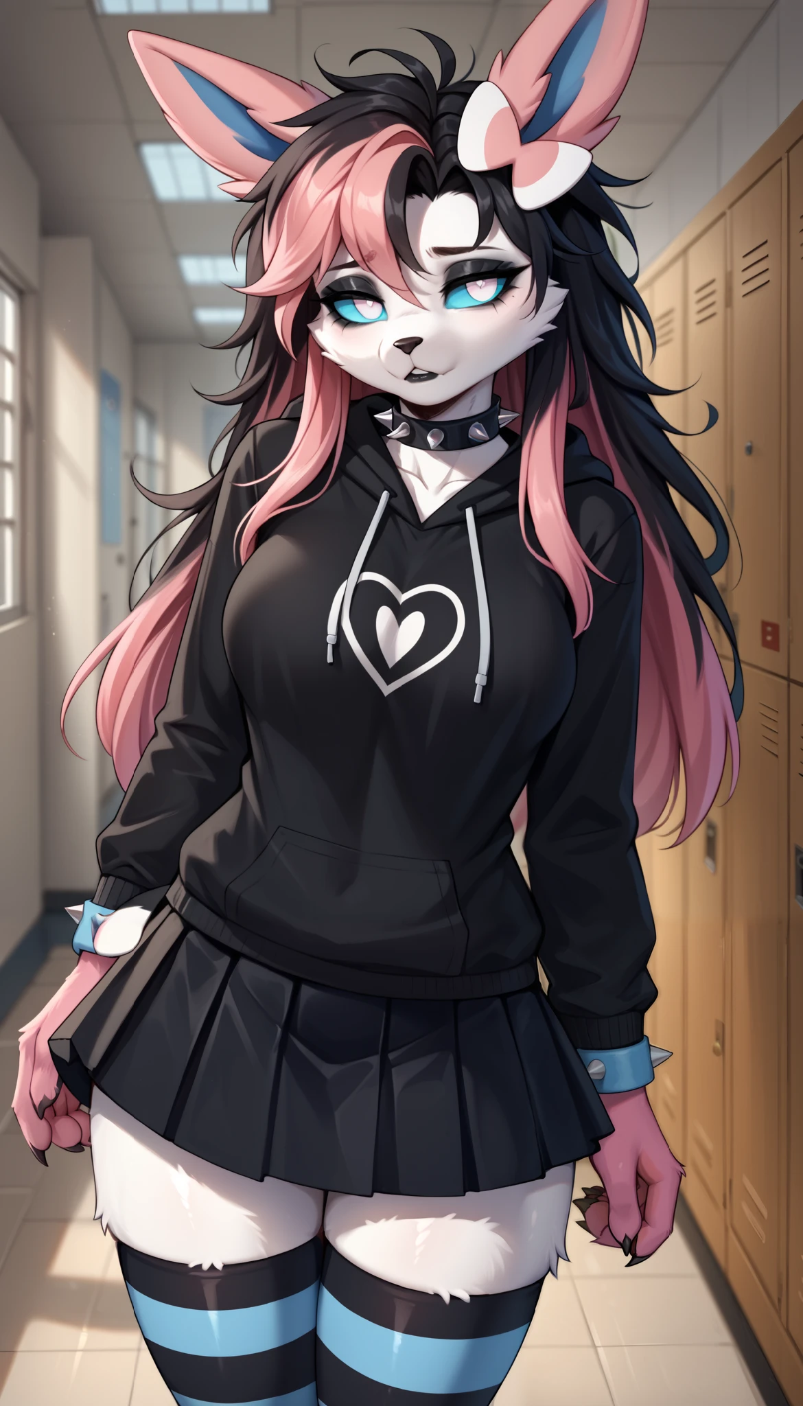 score_9, score_8_up, score_7_up, source_anime, source_furry, (beautiful, detailed background, digital artwork, digital art, well shaded artwork, depth, detailed artwork)1.2, 1girl, female, furry, anthro, Sylveon, school setting, school hallway, locker, medium breasts, natural breasts, thighs, black hair, (pink highlights), long hair, messy hair, white eyes, cyan sclera, black oversize hoodie, black stockings, (striped stockings), spiked wristband, spiked choker, black skirt, emo girl, tired eyes, depressed, black eyeshadow, black lips