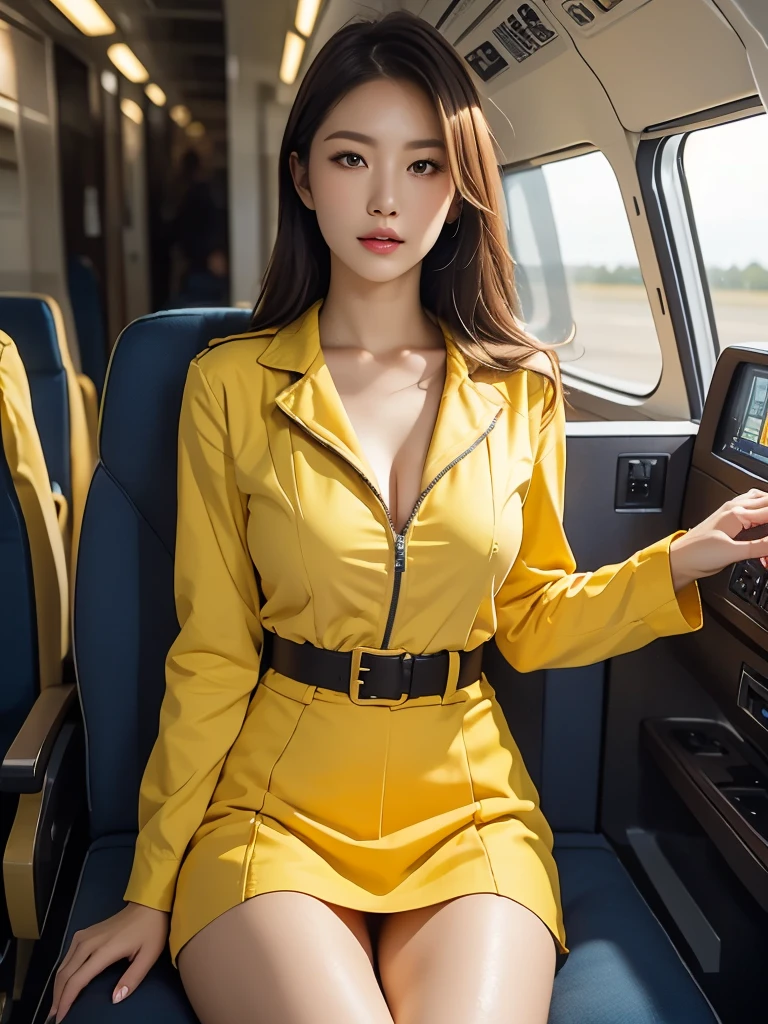 arafed woman in yellow tight suit with yellow suitcase, elegant yellow skin, yellow dress, yellow theme, with yellow cloth, formal photo, business attire, (((yellow))), lulu chen, woman in yellow dress, yellow beautiful woman, marketing photo , 85mm photo, advertisement photo, wu liu, 8k, Cleavage, big tits, round boobs fore