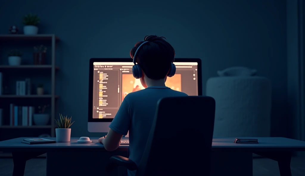 I need a studio with table with a mic and computer and a boy is setting Infront of table and talking to the audience another this Image from front no the face of a boy from front 



