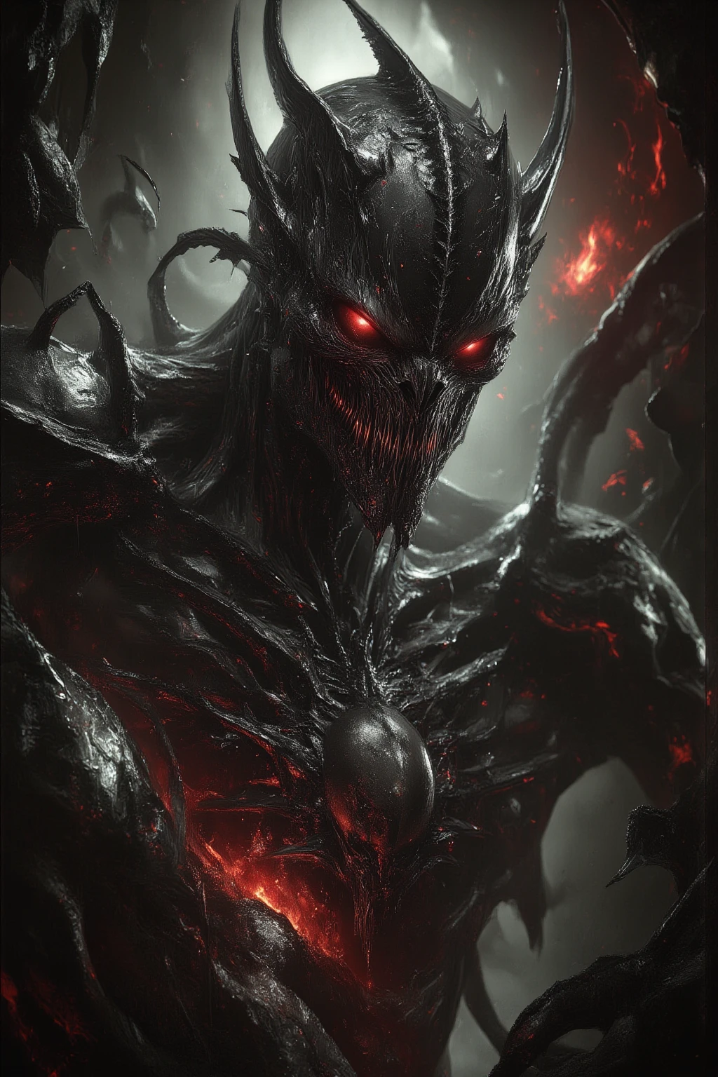 1 boy, 16 years old, venom symbiote body, piercing red eyes, black hair, intricate detailed face, sharp teeth, dramatic lighting, dark fantasy style, cinematic composition, moody atmosphere, digital art