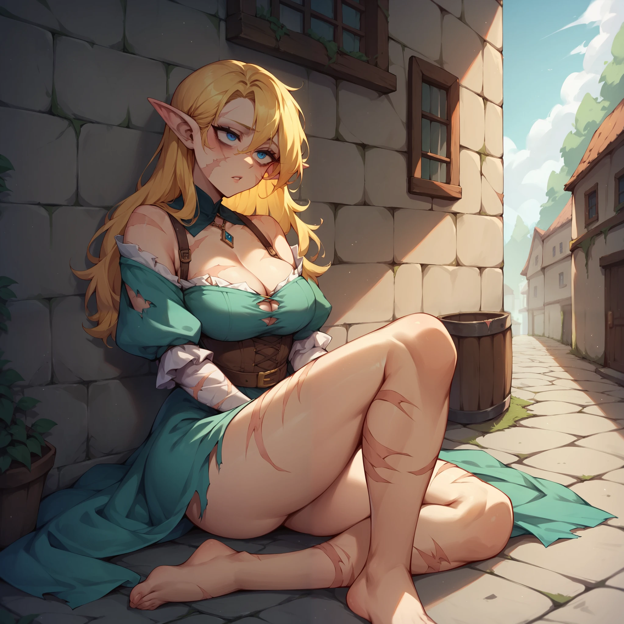 a elf with golden hair and blue eyes. she is sitting next to a wall in a medieval alleyway at night. she looks depressed in tattered and torn clothes. she has huge bags under her eyes. she has scars on her body.