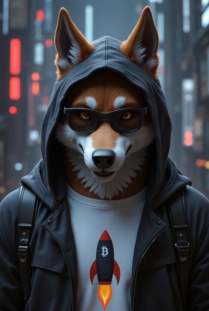 Hooded Alpha wolf hacker style front tech style, Posing, Male, Alpha Wolf 28 years old, biting lip smile, White Bitcoin t-shirt with rocket logo, wearing sunglesses, anthro, wolf ears, (blakck fur:1.5), (Brown fur 0.8), wolf, cyberpunk Citadel background, 8k, hi res, (best quality, masterpiece), (wolf tail:1.5), detailed fur
