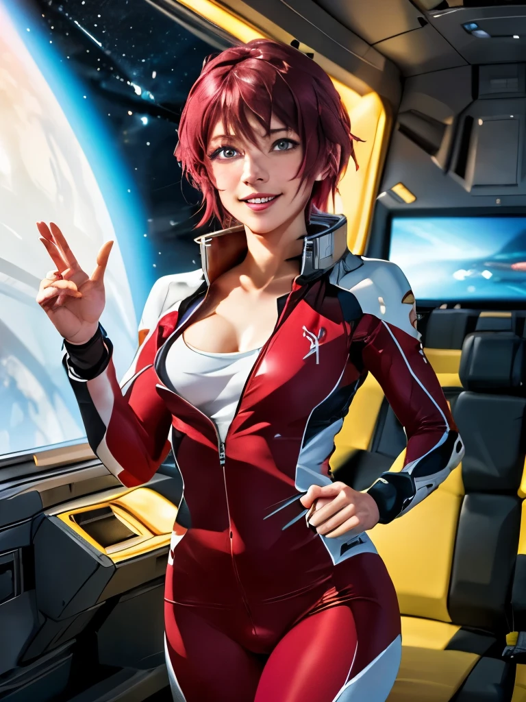 top quality、 Luna Maria Hawke 、Woman in fuchsia short cut、 red and white pilot suit、smile、Woman with red purple shortcuts indoors on a spaceship