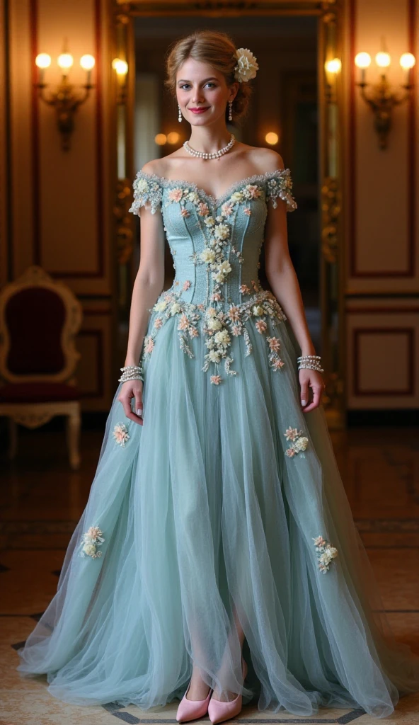 French doll ,Phot graphic ,Front view, full body,  standing  pose, looking at viewer ,1 woman Actu Melenie   in 1936 Austria,woman is (golden hair, chignon, flower hair pin, pearl earring and neckless, smile), (light blue dressed in an exquisite ball gown with flower embroidery, shoulder-less, pink hi-heal),  in 1936 Austria palace, night , chandelier lighting ,    (super detail, high details, high quality, accurate, anatomically correct, textured skin, beautiful fingers super detail, high details, high quality, best quality)