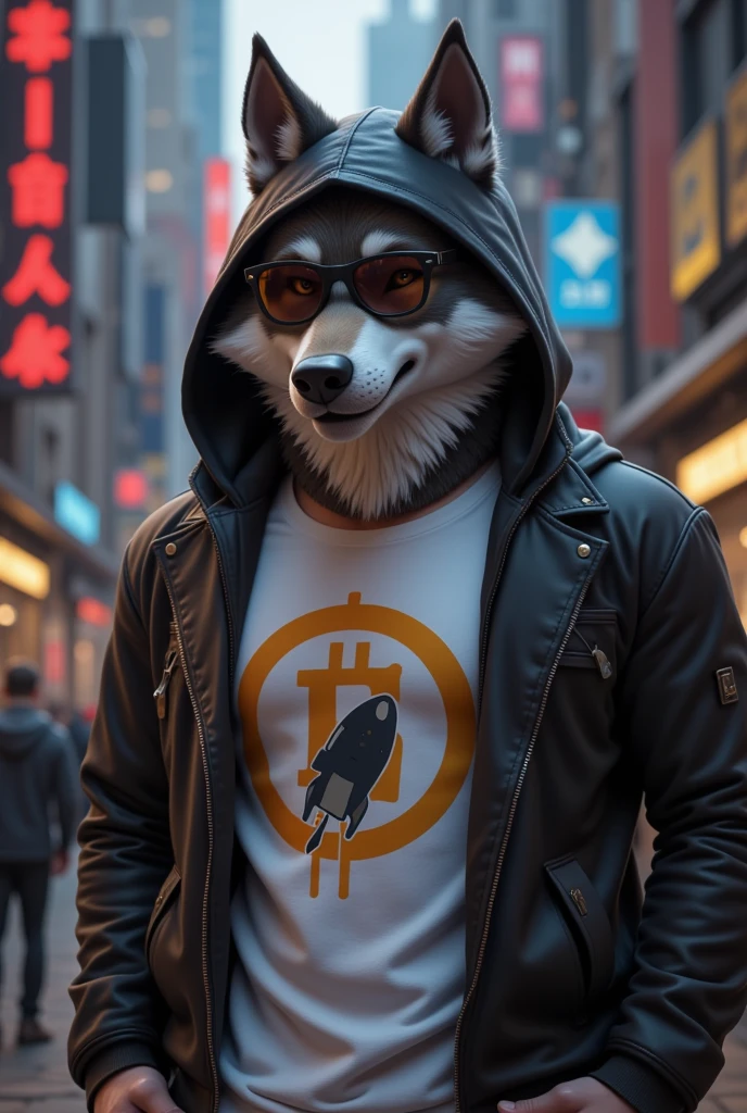 Hooded Alpha wolf hacker style front tech style, Posing, Male, Alpha Wolf 28 years old, biting lip smile, White Bitcoin t-shirt with rocket logo, wearing sunglesses, anthro, wolf ears, (blakck fur:1.5), (Brown fur 0.8), wolf, cyberpunk Citadel background, 8k, hi res, (best quality, masterpiece), (wolf tail:1.5), detailed fur
