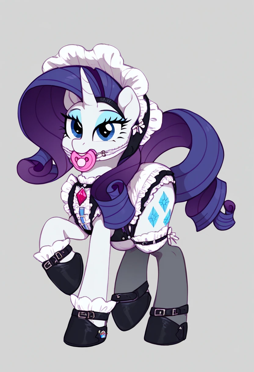 pony unicorn alone , adult mare, Rarity,  on top of them, most of the mane is wrapped in a dark light bonnet with white trim on the edges , there is a small pigtail on the back with two bows ,  purple eyes , stands on four hooves ,  wide open back hooves , dressed in the ornate official black and white ,  color of her mane with a mixture of dark blue and bright silver maid outfit with ruffles and ruffles and a short skirt,  on the neck there is a steel collar with a purple tint and a bell ,  white stockings and black booties over hoof socks ,  big white pacifier mouth gag with straps , thick diaper under clothes,  on top of the diaper, black plastic panties with a white steel belt , solo,  simple background. 