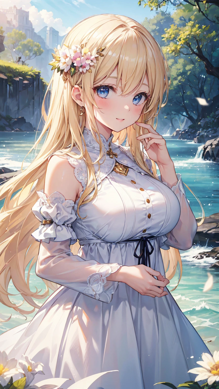 full bodyesbian，tmasterpiece，Best quality at best，offcial art，Very detailed CG 8k wallpaper，(flying petal)(detailed ice)，The crystal texture of the skin，Grim expression，(fox ear)，whaite hair，long whitr hair，messy  hair，eBlue eyes，Medium breasts，looking at viewert，Very fine and beautiful，Eau，(Beautiful detailed eyes)，highly  detailed，电影灯光，(beauitful face)，fine water surface，(original figure painting)，ultra - detailed，incredibily detailed，(Very fine and beautiful)，Beautiful detailed eyes，(Best quality at best)