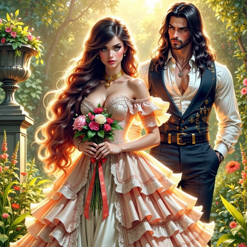 ( ultra-realism , ink art, Colorful calligraphy graphics, Ultimate Quality, Crystal clear expression, Dramatic production, crazy cute, Simple Art, gunner:1.37),full-waist Full-body digital realistic illustration .  A beautiful 18-year-old flirting woman in a contrasting organza and satin satin dress with SHINY STRAIGHT contrasting hair is standing on the grass, holding flowers in his hands.  A handsome massive man with long black hair looks at her , in a white shirt ,pants and boots . Victorian garden . Sunlight illuminates every blade of grass ,leaf, flower. BRIGHT,textural, three-dimensional , bright rich complementary colors .  flowing hair .textural.  correct anatomy proportions .right hands .  Model beautiful faces . Perfect for a book cover .The overall color palette is creating a vivid and haunting visual experience. The illustration is rich in detail, with textures that mimic real fabric and stone, enhancing the realism of the scene.