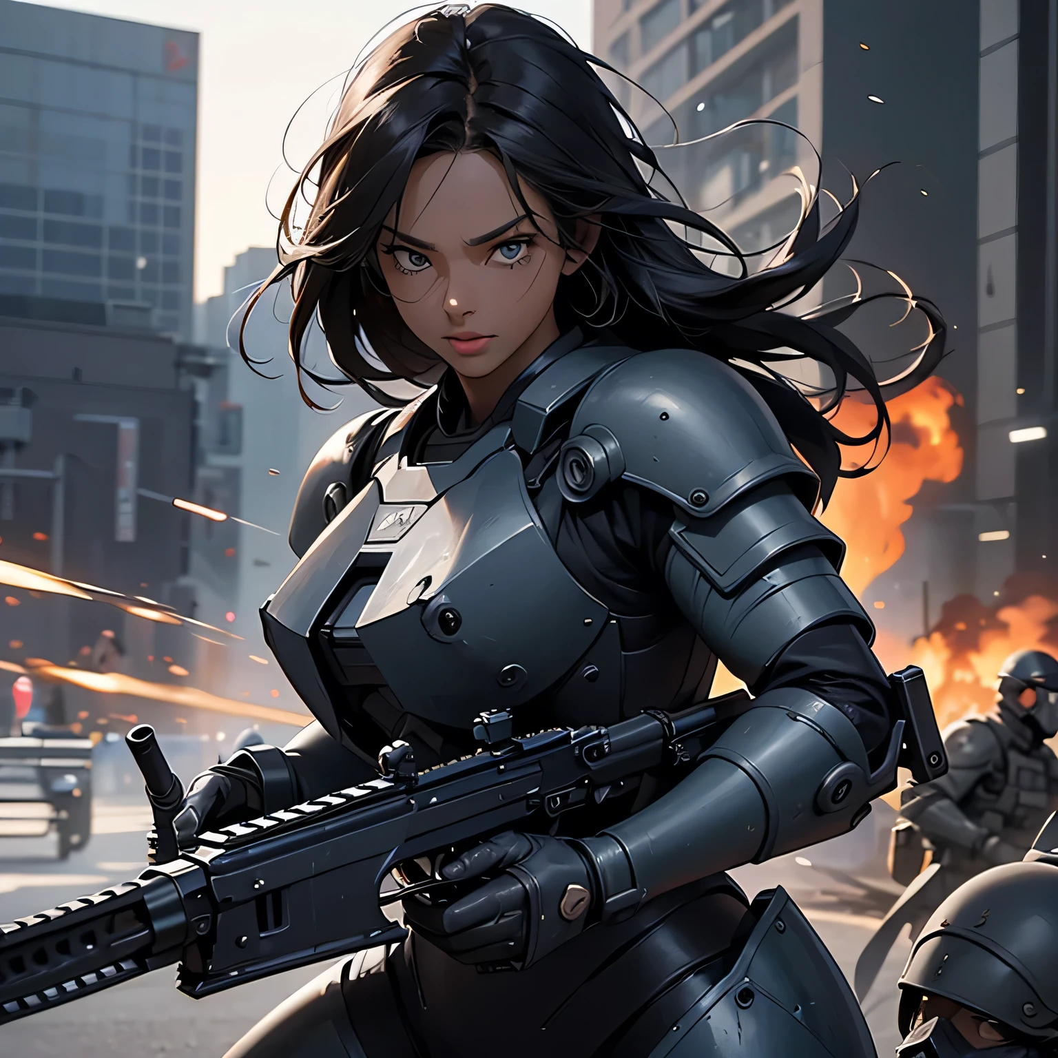 nsfw, anime screencap, 16K, perfect anatomy proportion body, action, A dynamic composition with a sense of speed and movement, (Hold an assault rifle:1.6), a wife, 40age, perfect beautiful delicate sexy face, perfect beautiful delicate eyes, brown hair, short bob hair, gigantic tits, abs, An elaborate heavy armored full armor powered suit made of chain mail, Many steel heavy armored robot soldiers having a gunfight in the background, Flying bullets, The lost and ruined ancient city, war, Post-apocalyptic,