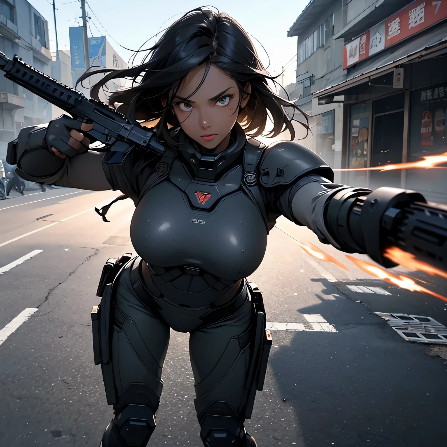 woman, unkempt hair, exosuit chest, torn clothes, war wounds, holds knife, sneaky pose, full body focus, destroyed city background