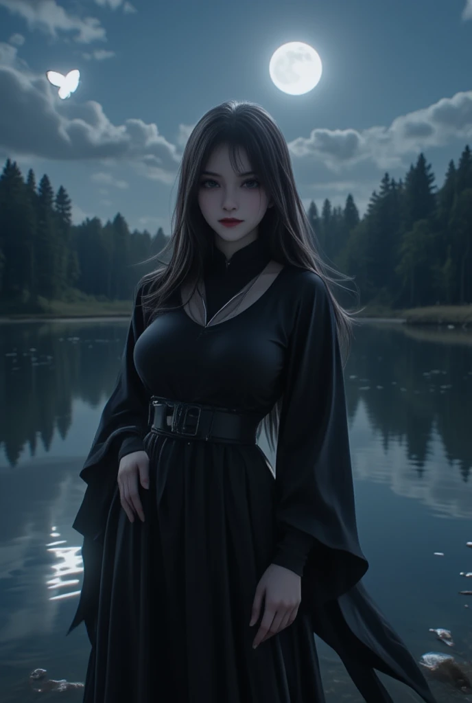 A woman stands by a quiet lake under the moonlight. A full moon shines in the sky, and the moonlight paints the lake silver. The woman is dressed all in black, and her long hair flutters in the wind, highlighting her silhouette. Her face is cold, and a sharp gaze shines deep in her eyes. The woman's figure is vaguely reflected on the surface of the lake, and there is not a single ripple on the water at her feet. In the silence, a butterfly with transparent wings descends from nowhere. The woman exudes an eerie presence, making the surrounding air tense. The shadows of the forest behind her intertwine with the moonlight, creating a fantastical yet terrifying atmosphere. An owl hoots in the distance, and only the rustling of the wind fills the night world. The image quality is excellent, featuring natural soft lighting and highly detailed, realistic images. Ultra High Resolution, Top Quality, (Full Body Photo), SLR Camera, (Movie Scene), Highly Detailed, Realistic Lighting, Smooth,